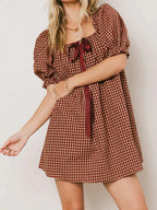 Gingham Babydoll Mini Dress With Puff Sleeves And Bow