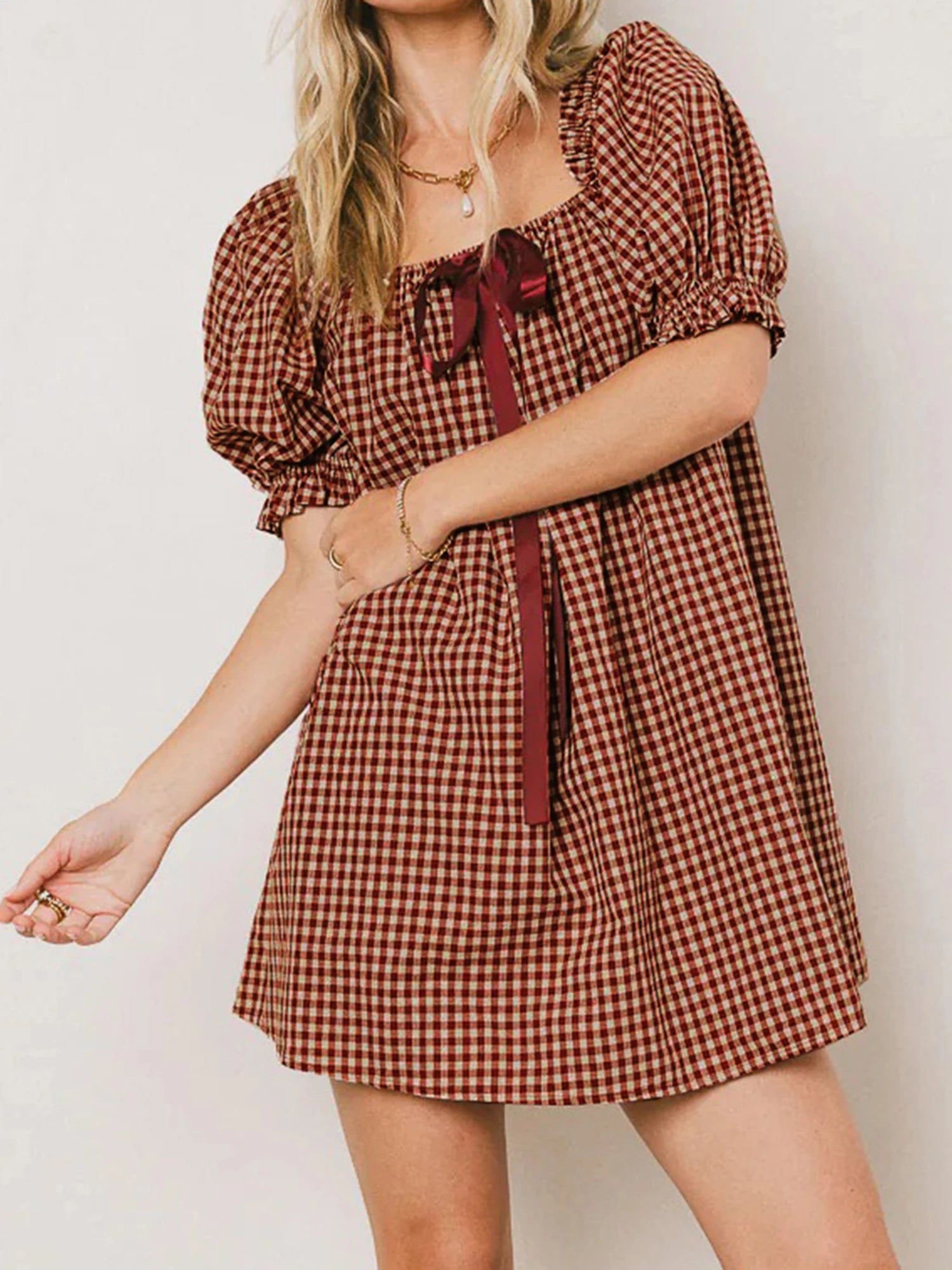 Gingham Babydoll Mini Dress With Puff Sleeves And Bow