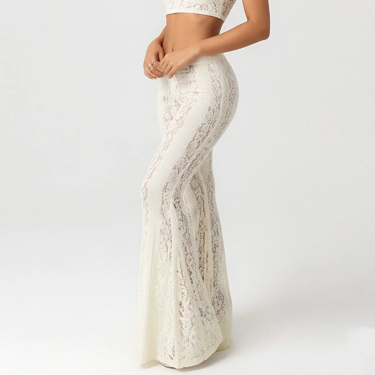 White Lace Sheer Flare Pants For Women Boho Style Elegant Casual Wide Leg Trousers