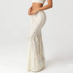 White Lace Sheer Flare Pants For Women Boho Style Elegant Casual Wide Leg Trousers
