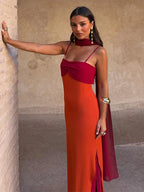 Orange Color Blocking Scarf Collar Maxi Dress For Lady Sleek Cinched Waist Bodycon Silhouette