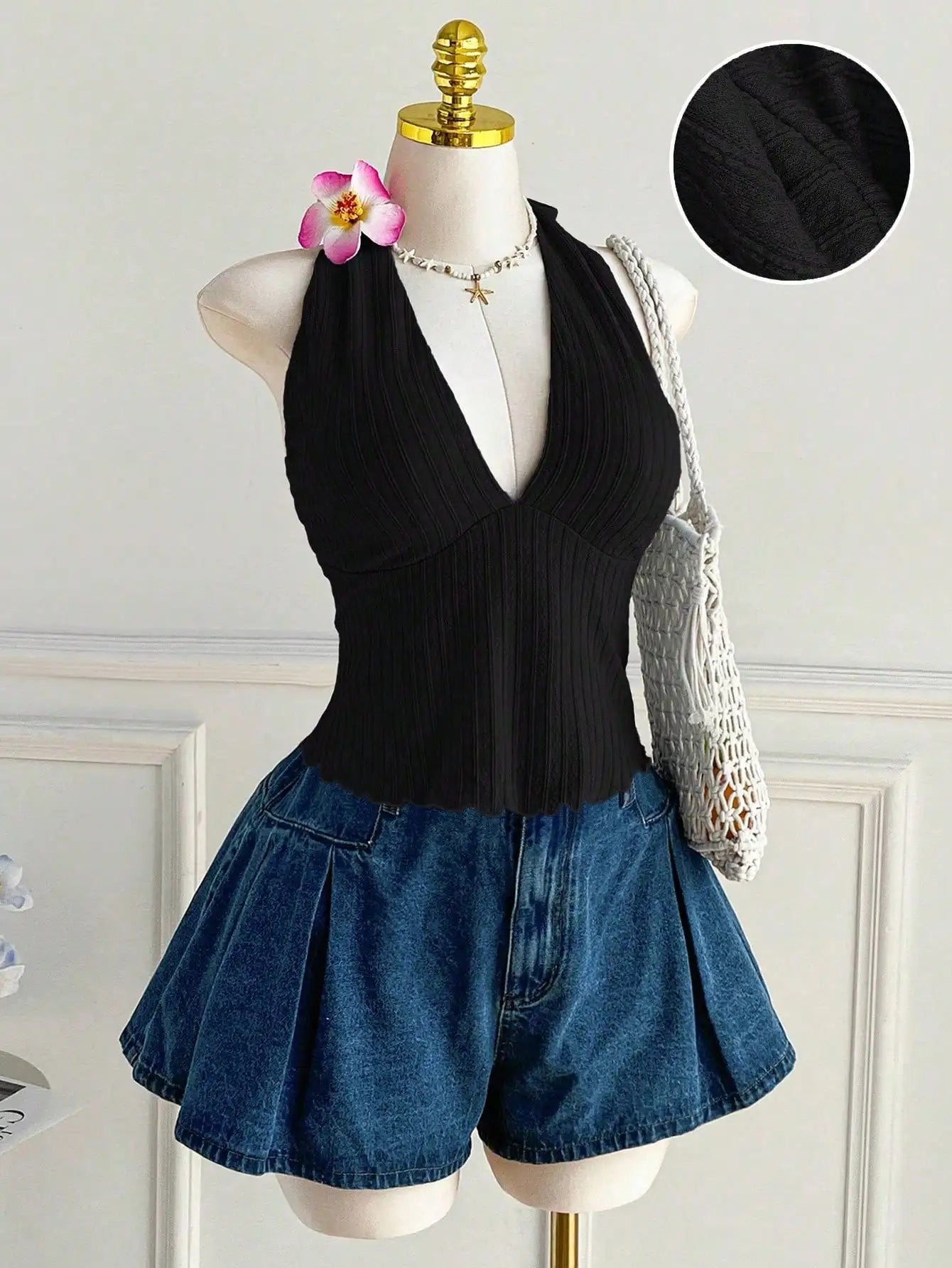 Plus Size Ribbed Halter Cami Top With V Neck And Back Tie Bow