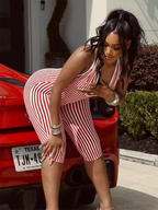 Red Striped Print Backless Halter Playsuit