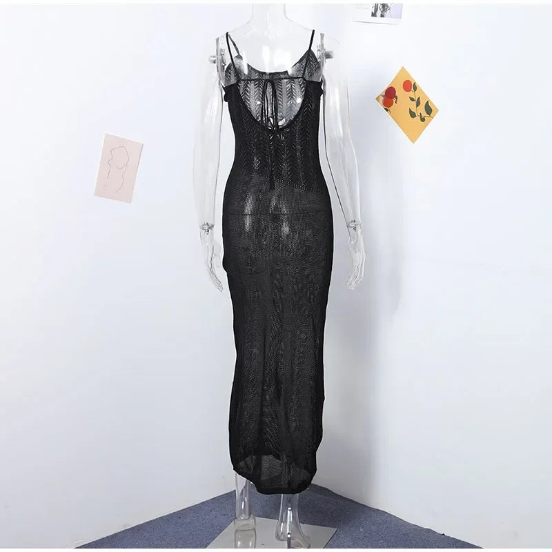 Floral Knit Strap Maxi Dress Backless Beach Cover Up For Summer Vacation And Resort Style