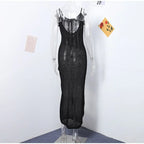 Floral Knit Strap Maxi Dress Backless Beach Cover Up For Summer Vacation And Resort Style