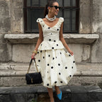 Long Polka Dot Skirt Set With Cropped Puffy Sleeveless Top