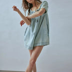 Lace Up Mini Jumpsuit Square Neck Denim Fringed Bubble Sleeve Bodysuit