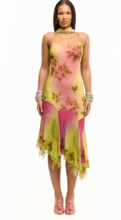 Floral Off Shoulder Sequined Dress With Irregular Hem