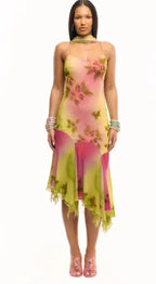 Floral Off Shoulder Sequined Dress With Irregular Hem