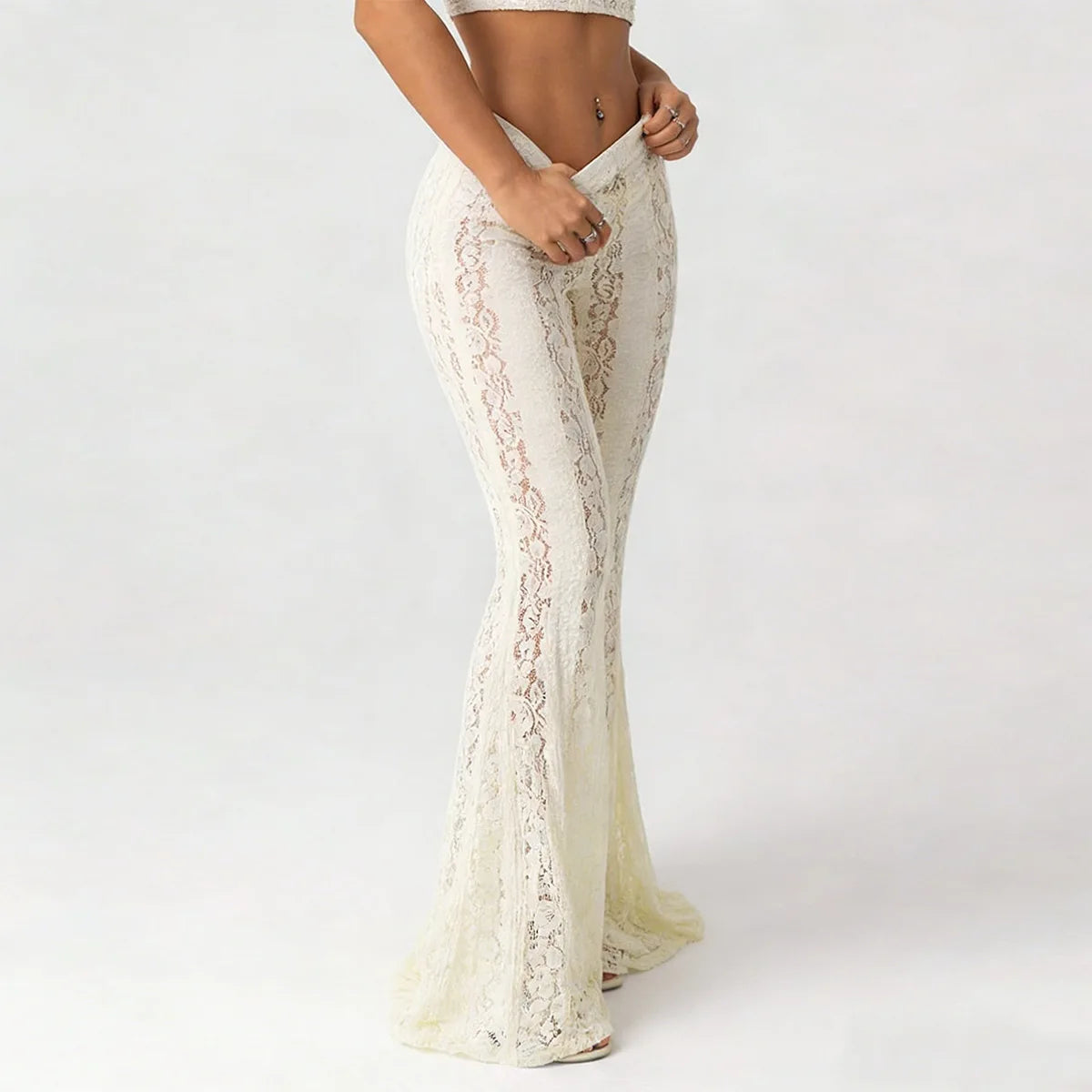 White Lace Sheer Flare Pants For Women Boho Style Elegant Casual Wide Leg Trousers
