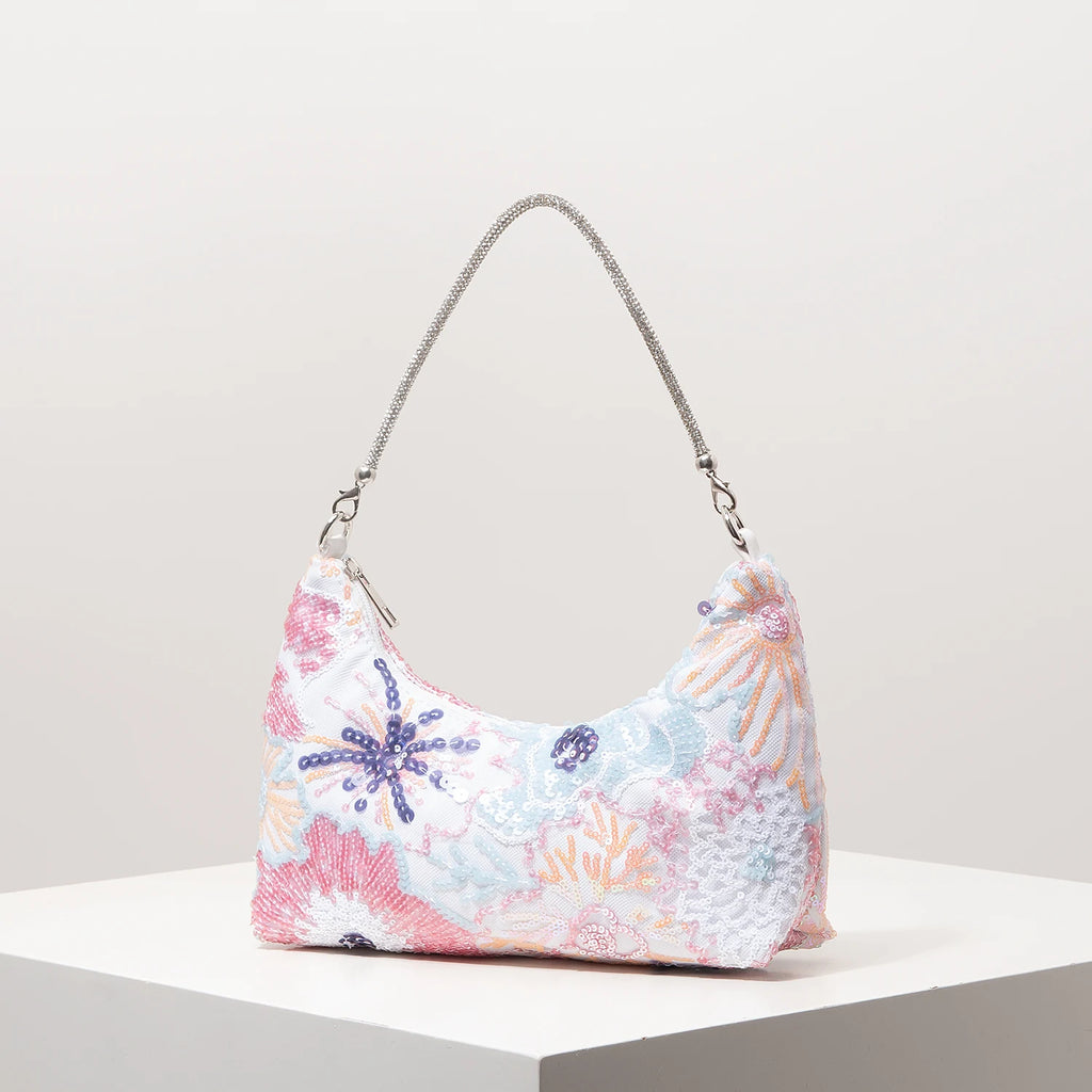 Floral Embroidered Sequin Shoulder Bag For Women Crescent Shape Evening Purse