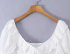Sweet White Embroidered Floral Crop Shirt With V Neck Puff Sleeves And Ruffle Hem Slim Fit