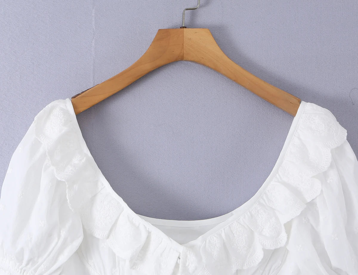 Sweet White Embroidered Floral Crop Shirt With V Neck Puff Sleeves And Ruffle Hem Slim Fit