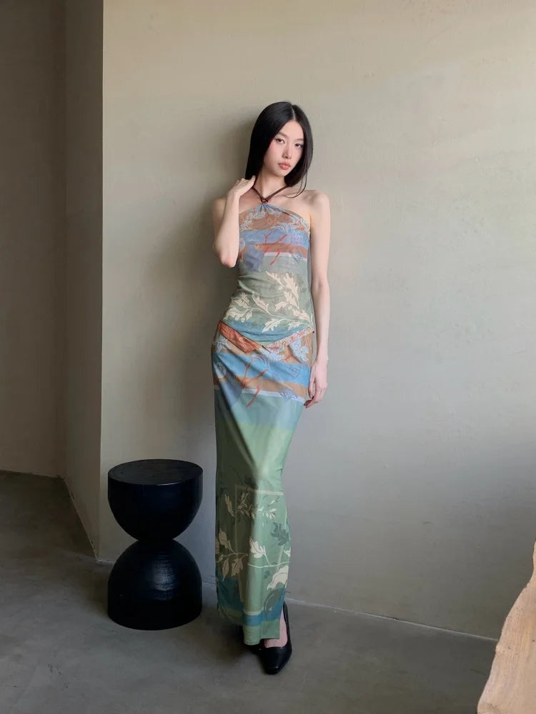 Vintage Reversible Two Piece Halter Neck Top And Long Skirt Set