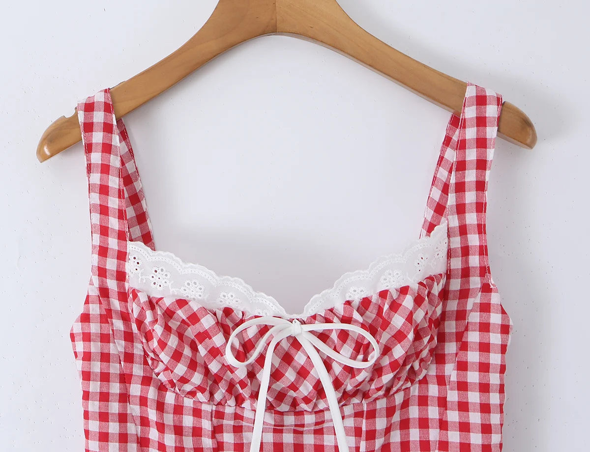Red Plaid Corset Camis Lace Trim Bow Detail Bustier Sexy Top