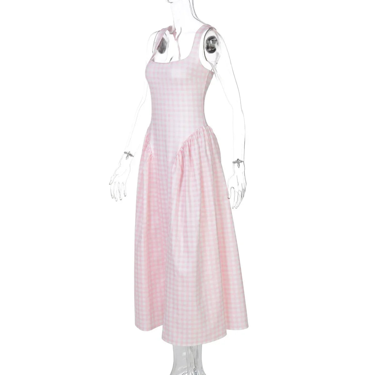 Gingham Square Neck A-Line Midi Dress With Pockets