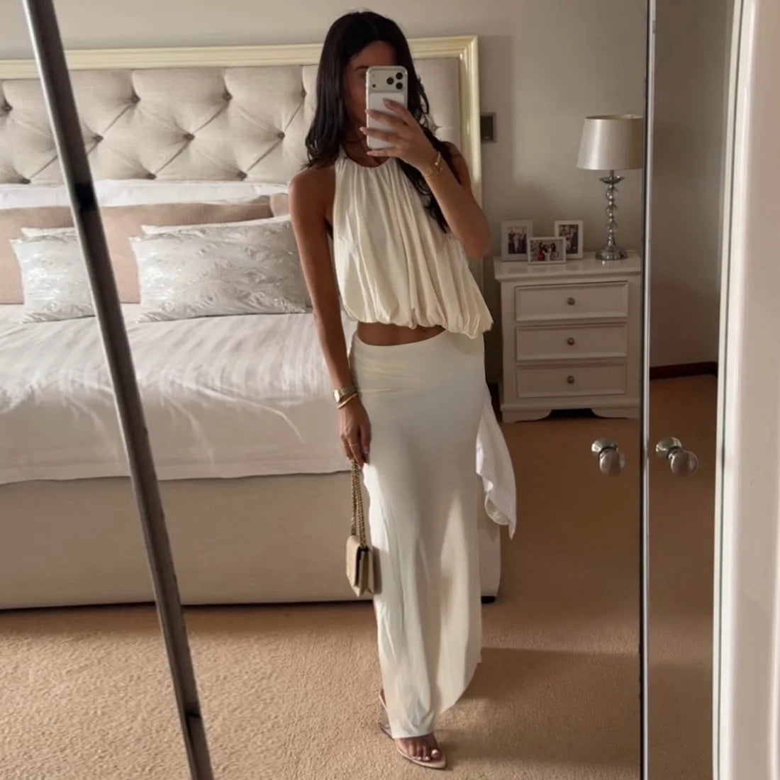 White Halter Ruched Two Piece Maxi Set Backless Asymmetric High Low Skirt