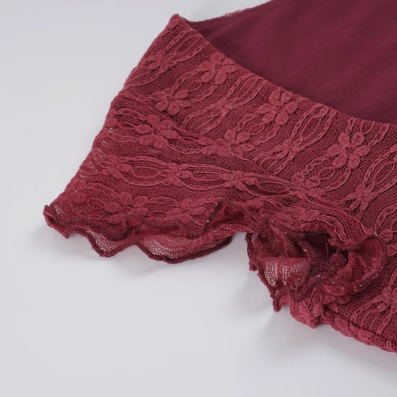 Sexy Wood Ear Lace-Tie Women Y2k Slim Square Collar Short Sleeve Camisole