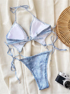 Denim Printed Tummy Cut Out Halter Women Swimwear One Piece