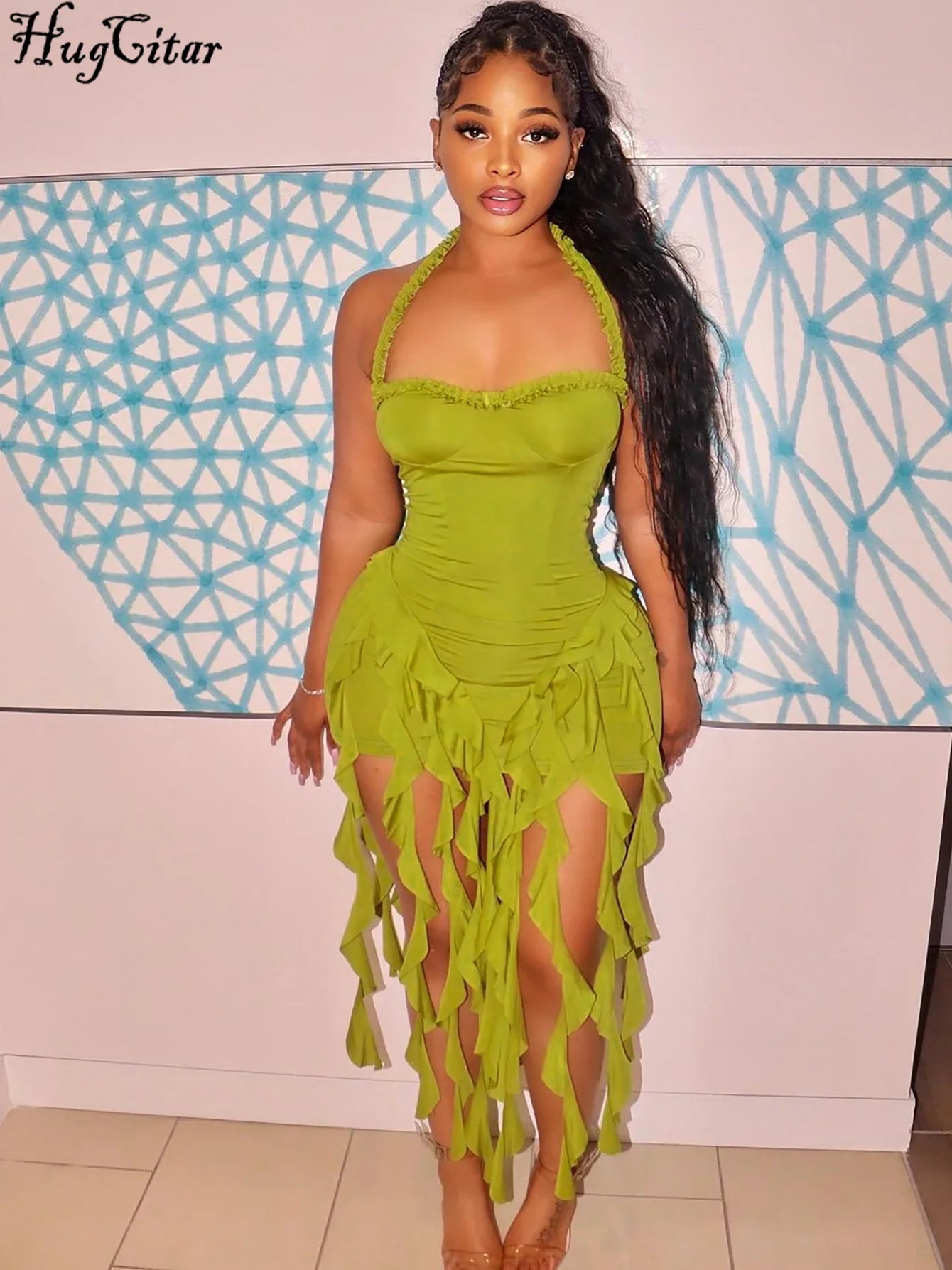 Elegant Halter Backless Ruffles Mini Dress Slim Fit With Tassel Detail