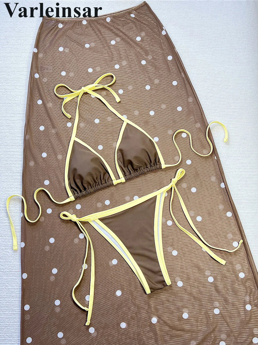 Yellow Polka Dot Skirt Halter Female Three-piece Bikini Set