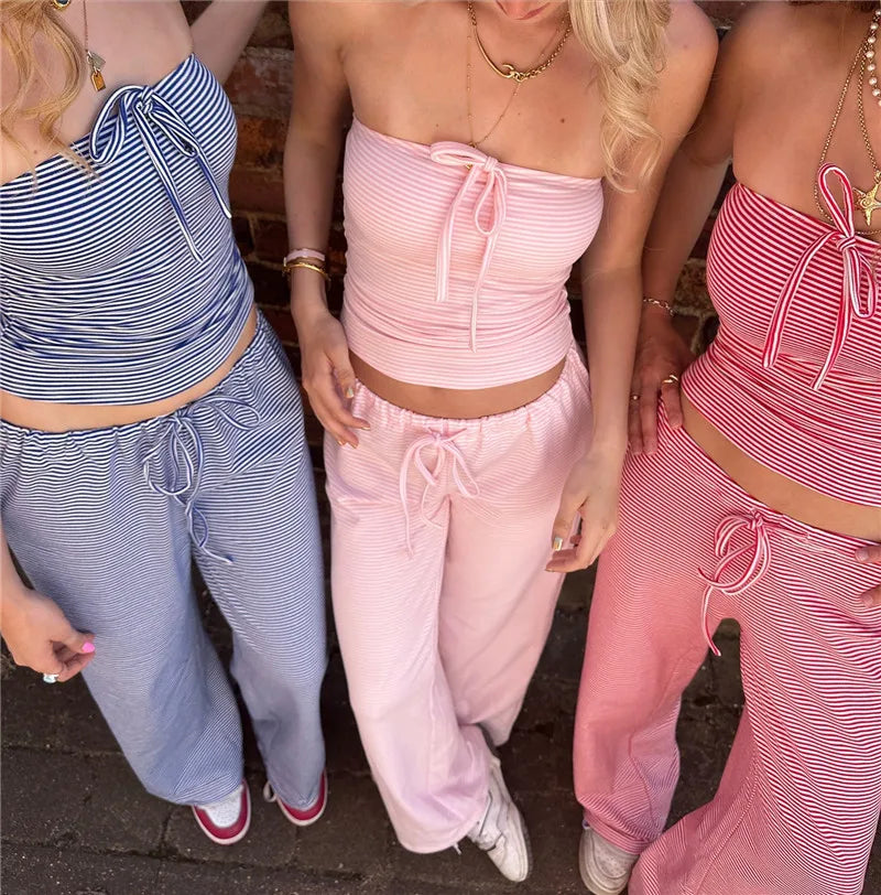 Striped Crop Bandeau two piece Set With Drawstring Wide Leg Pants For A Y2K Streetwear Look