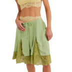Y2K Lace Floral Bloomers Midi Pants With Silk Satin Patchwork Ruffles