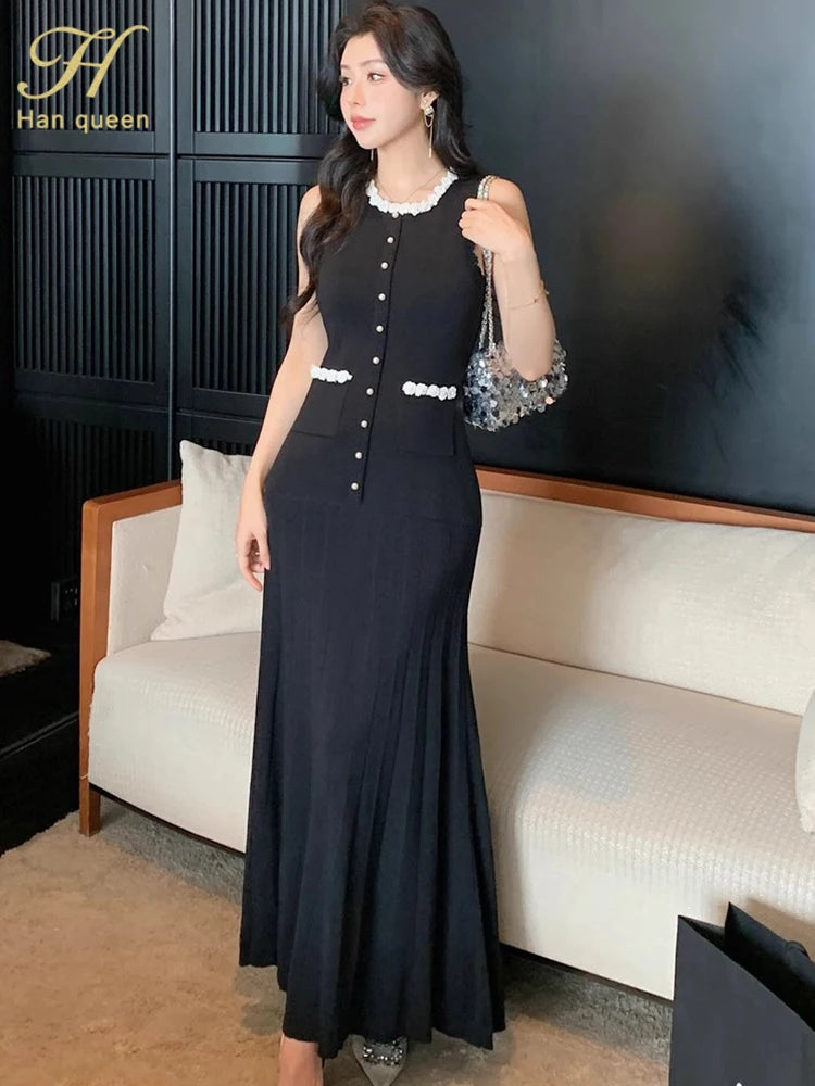Floral Pearl Knit Maxi Dress Sleeveless O-Neck With Pleated Details