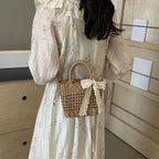 Lace Bow Straw Weave Crossbody Bag Summer Beach Style Small Bucket Elegant And Lightweight