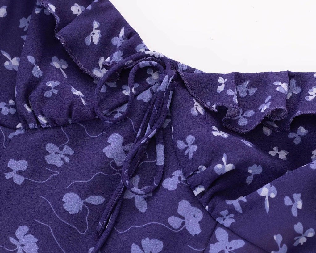 Purple Square Neckline Floral Print Blouse Flare Short Sleeve