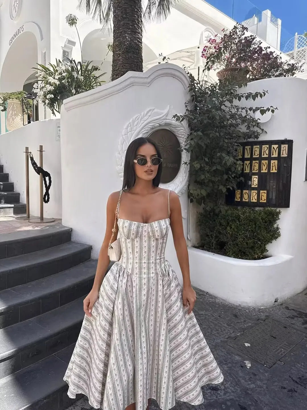 Spaghetti Strap Striped Floral Midi Dress For Women Elegant A Line