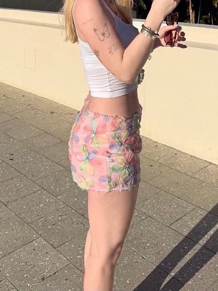 Colorful Floral Sequined Mesh Mini Skirt