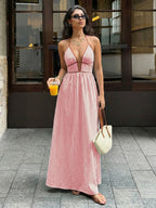 Sea Breeze Striped Deep V Beach Dress With Backless Sleeveless Maxi