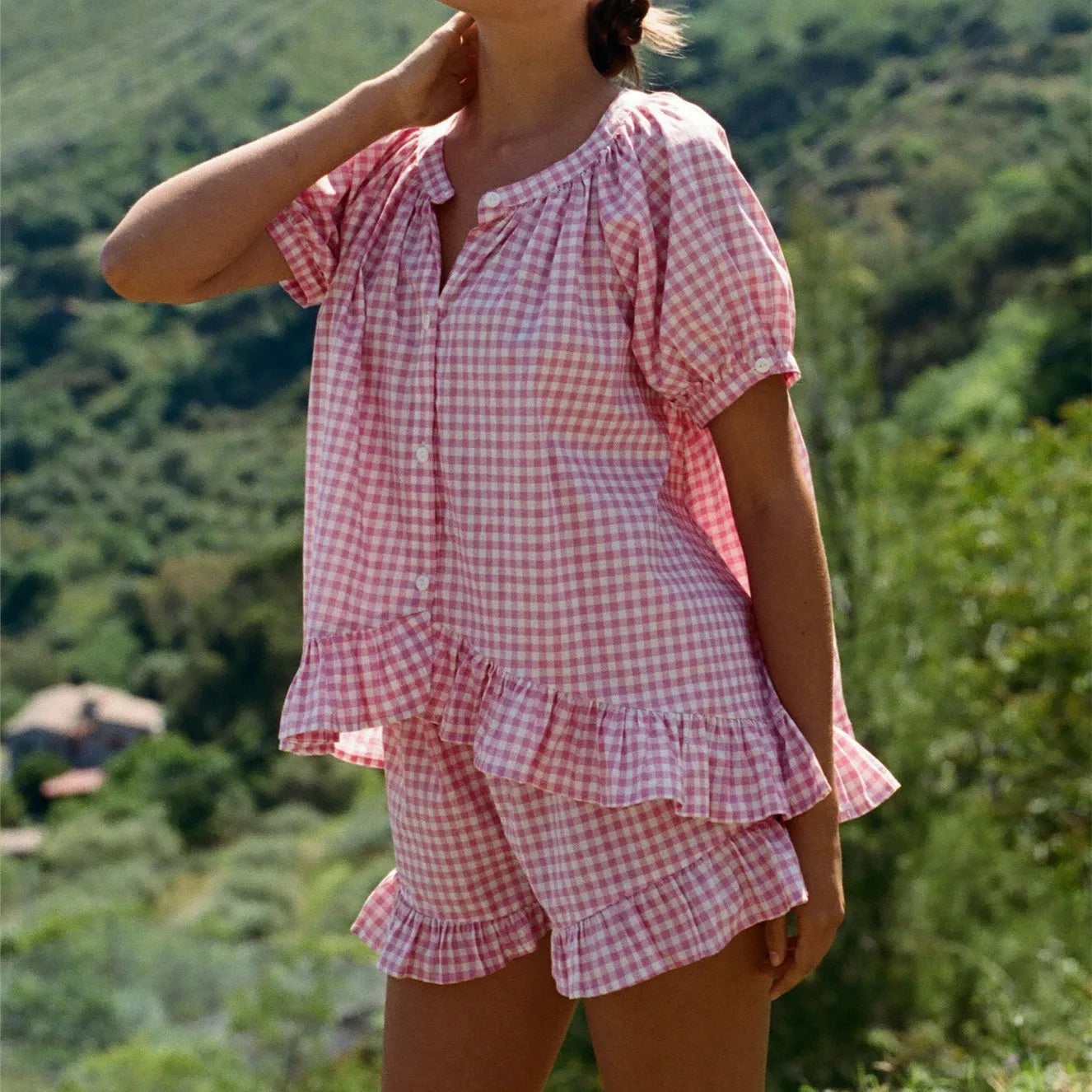 Women Gingham Pajamas Y2K Plaid Ruffle Shorts Set Short Sleeve Babydoll Button Down Shirt Shorts Lounge Set