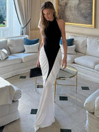 Nibber Backless Patchwork Halter Maxi Dress With Slit