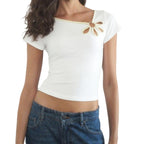 Nostalgic Streetwear Tee With Hollow Flower Cutout Slim Fit Half Sleeve For Women