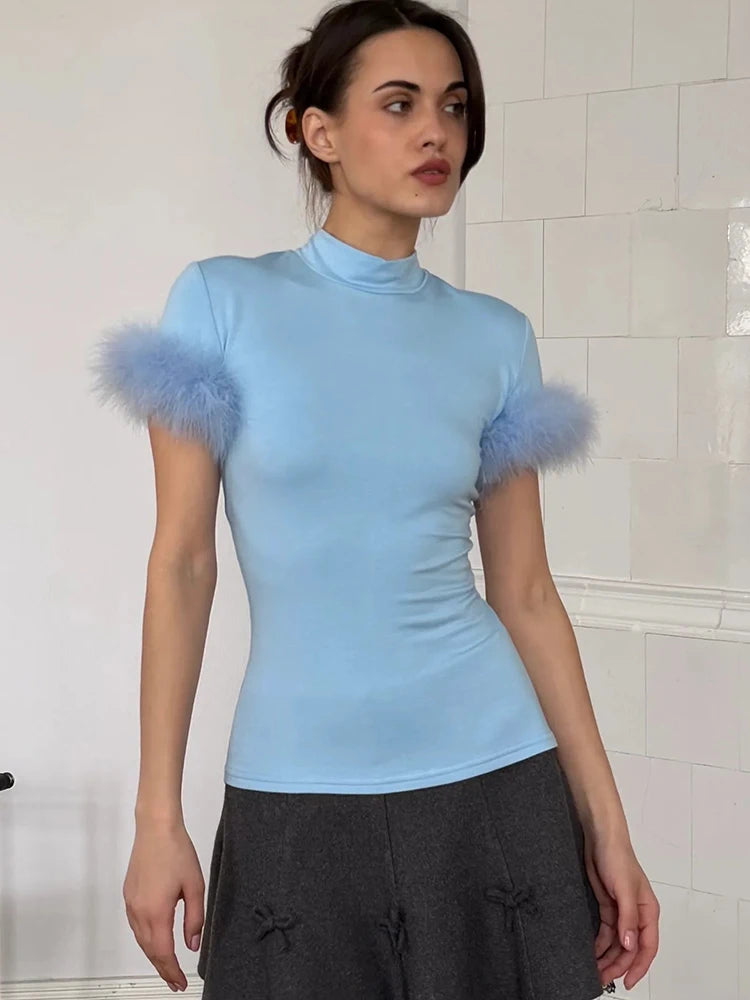 Patchwork Feather Sleeve Turtleneck Top Short Sleeve Tee