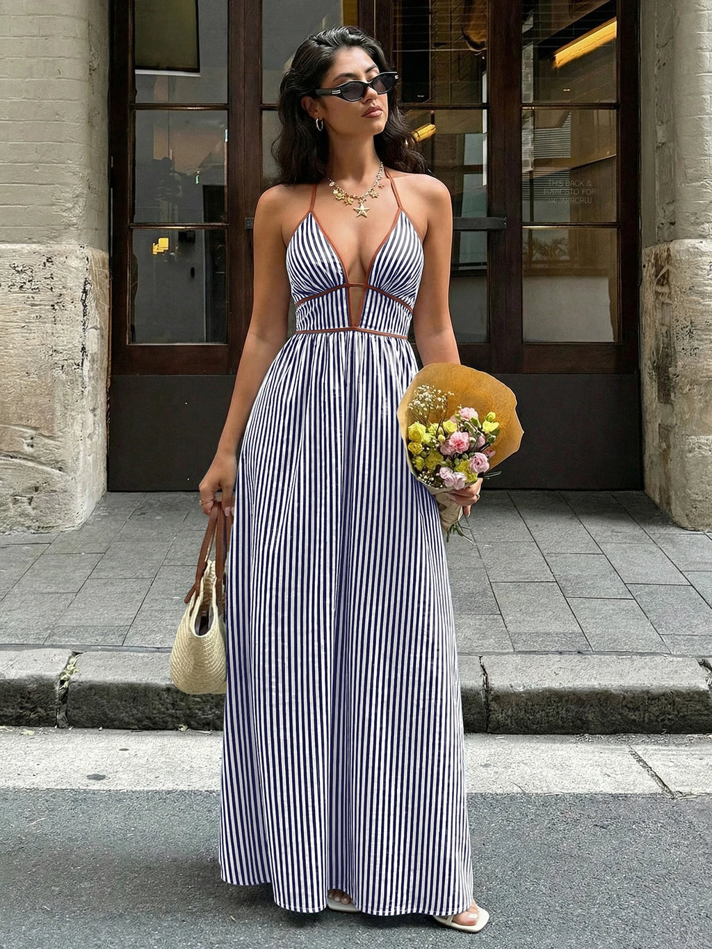 Sea Breeze Striped Deep V Beach Dress With Backless Sleeveless Maxi