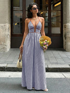 Sea Breeze Striped Deep V Beach Dress With Backless Sleeveless Maxi