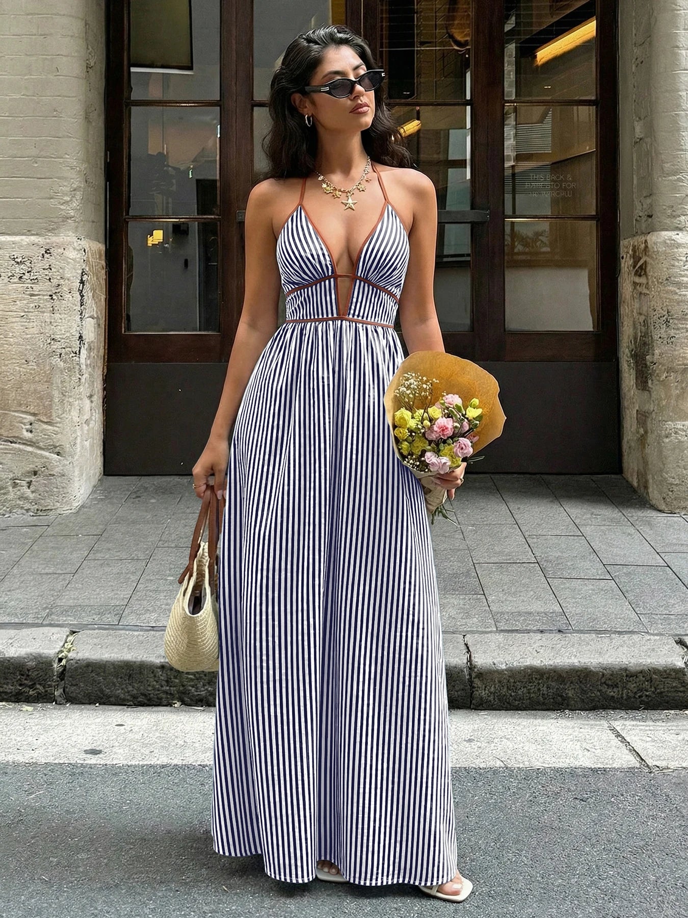 Sea Breeze Striped Deep V Beach Dress With Backless Sleeveless Maxi
