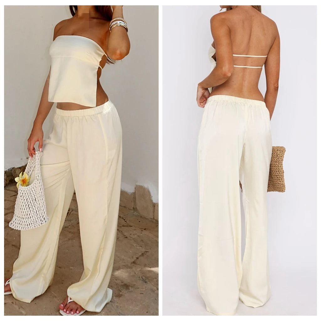 Elegant Satin Strapless Backless Crop Top And Elastic Waist Pants Set For Women