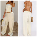 Elegant Satin Strapless Backless Crop Top And Elastic Waist Pants Set For Women