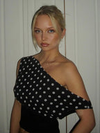 Polka Dot Off Shoulder Crop Top With Skew Collar And Ruched Backless