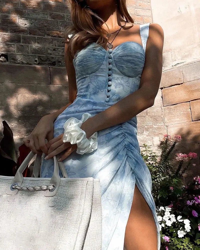 Blue Printed Sleeveless Suspenders Dress With High Waist A Line Gown V Neck