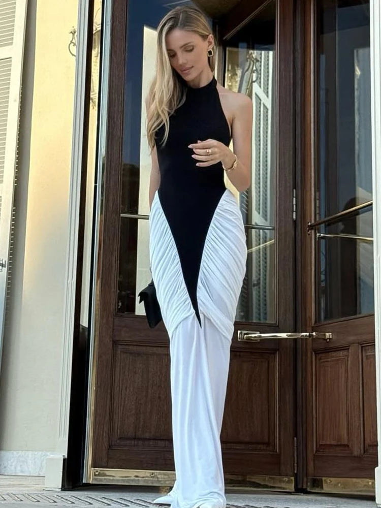 Nibber Backless Patchwork Halter Maxi Dress With Slit