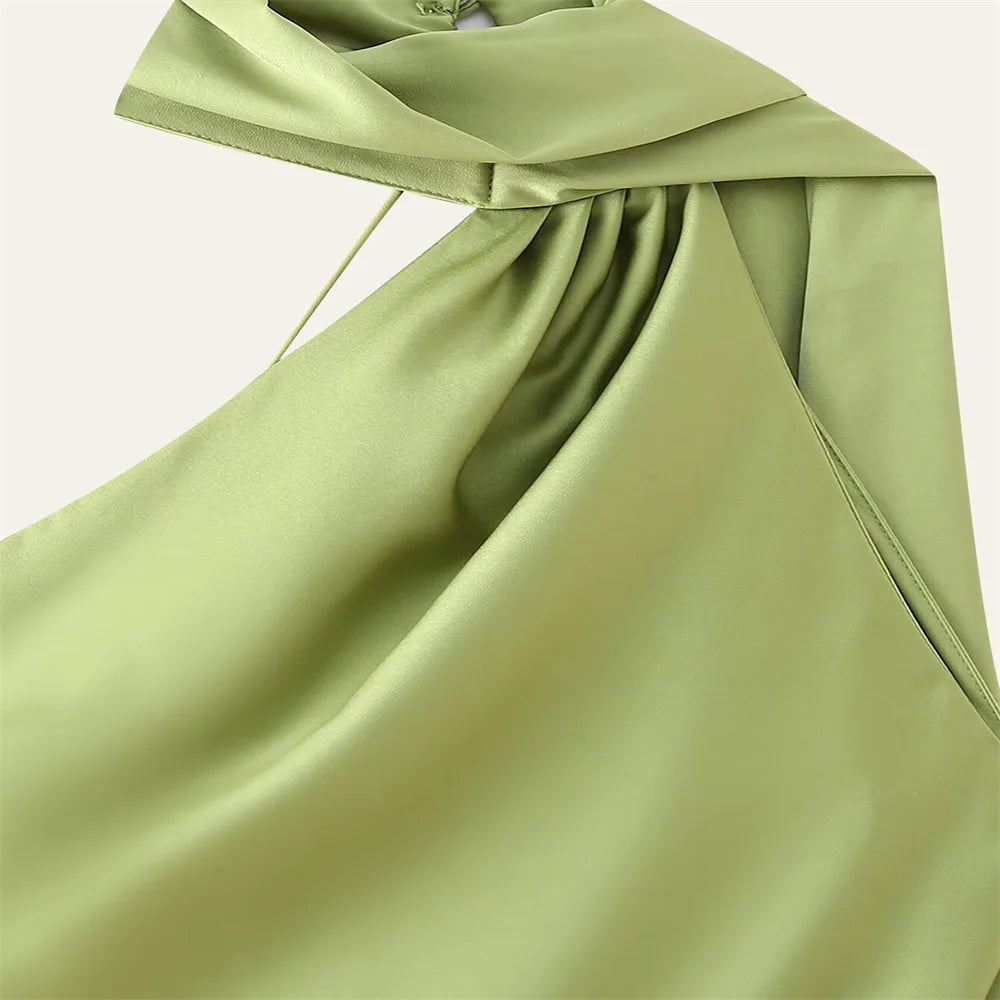 Elegant Silk Satin Halter Maxi Dress Backless Ribbon Tie Evening Gown