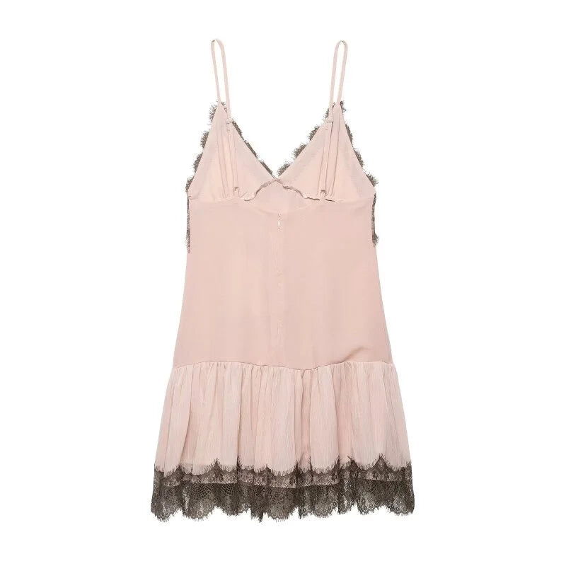 Pink Lace Trim Spaghetti Strap Mini Dress With V Neck Flirty Slip On