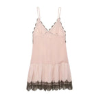Pink Lace Trim Spaghetti Strap Mini Dress With V Neck Flirty Slip On