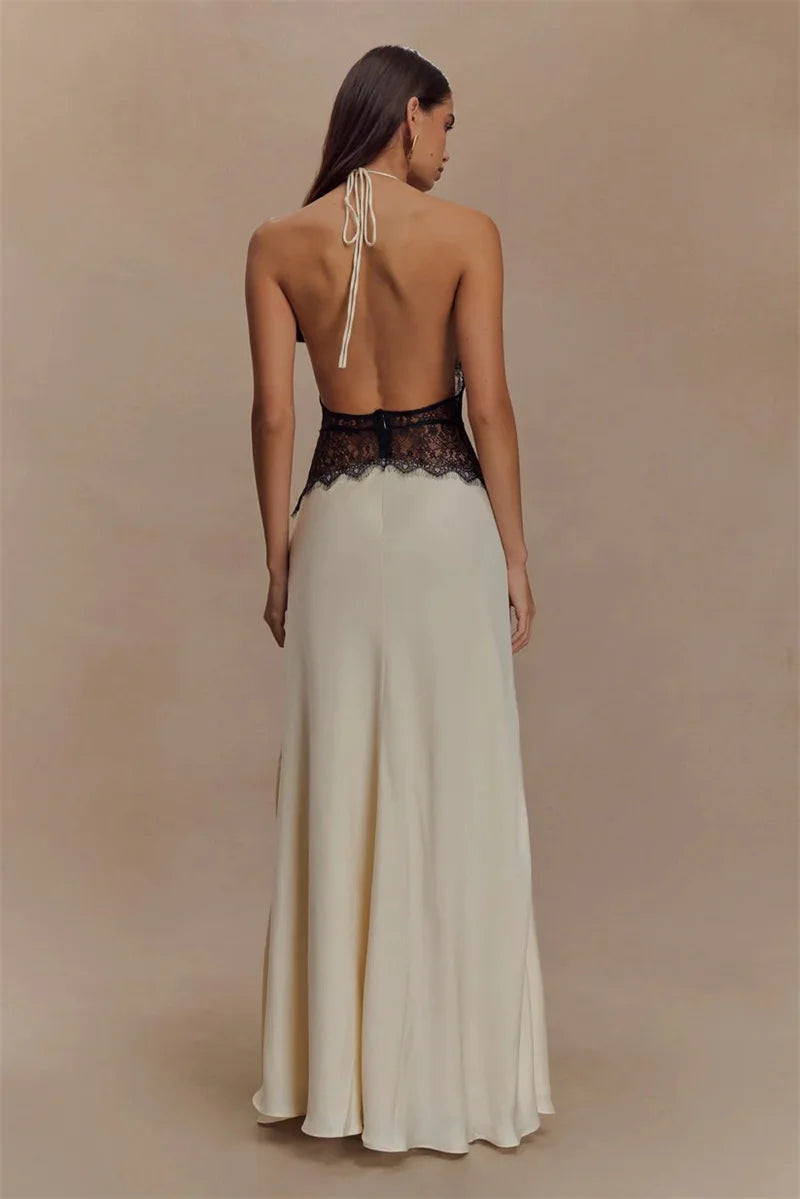 Backless Maxi Gown With Patchwork Lace Halter Neck Deep V And High Waist Elegance
