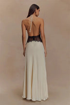 Backless Maxi Gown With Patchwork Lace Halter Neck Deep V And High Waist Elegance